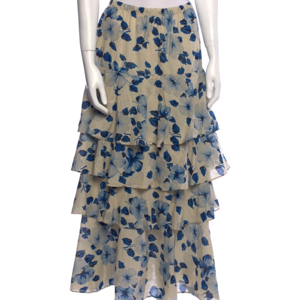 THE GREAT Cream and Blue Tiered Maxi Skirt for Night Out